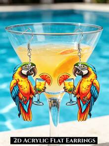 2D Tropical Parrot Acrylic Drop Earrings, Double-Sided Printed, Hawaiian Cocktail Glass Design, Summer Bird Drop, Beach Party Earrings - Yellow Parrot Juice - View 2