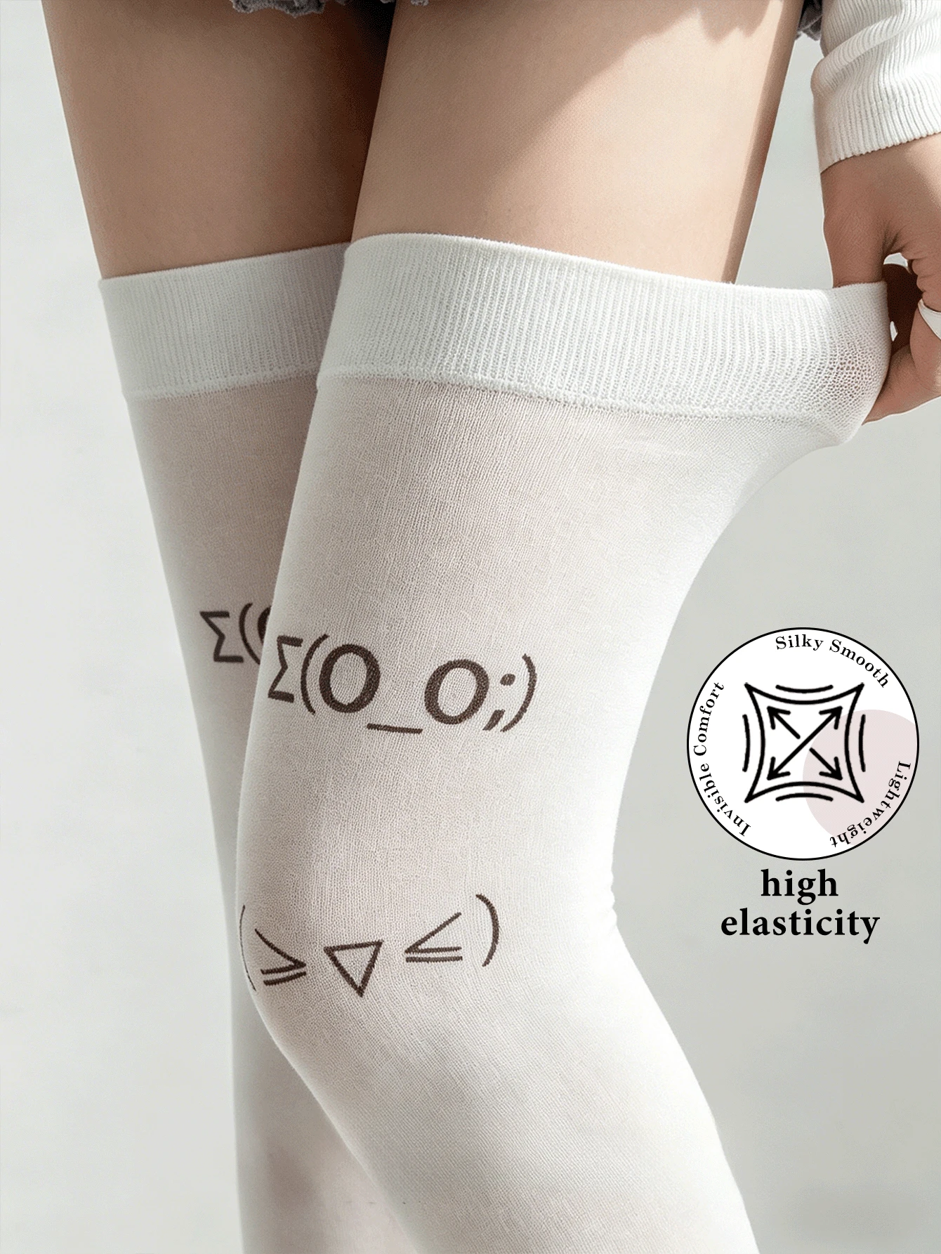 Vớ dài đến đùi in hình biểu cảm Kaomoji dễ thương dành cho nữ, màu trắng, mềm mại, co giãn, hoàn hảo cho anime, cosplay và phong cách hàng ngày. - Nhiều màu - Xem 1