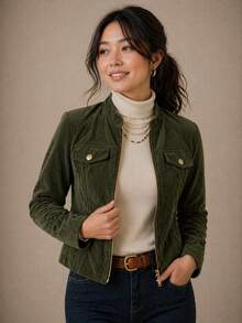 Women's Corduroy Jacket With Zipper - Elegant And Warm - Modern - Winter - Velvet - Zipper - Holiday - School - Vacation - Daily - Office - 軍綠色 - 查看 6