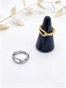 1pc Casual Minimalist 316 Stainless Steel Gold-Plated Asymmetrical Geometric Knot Line Open Ring, Men's Couple Party Accessory - Gold - View 3
