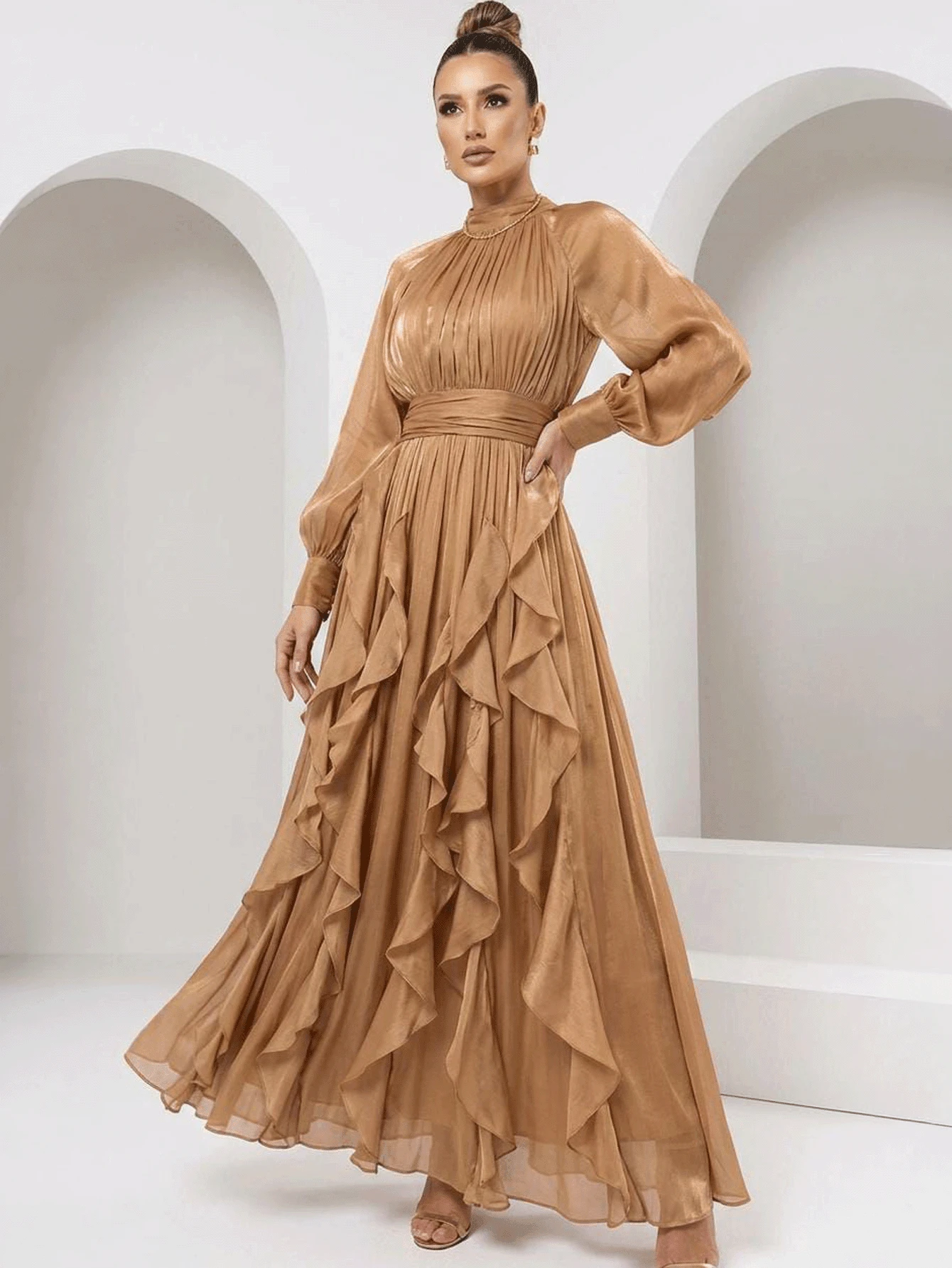 Long Satin Chiffon Party Dress With Long Puff Sleeves - Beige - View 1