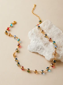 Luxury Vintage Gold Multi Color Stone Beaded Necklace Round Rainbow Cabochon Station Chain Premium Boho Elegant Fine Statement Jewelry - Zsp042420 - 查看 3