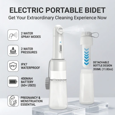 Draagbare elektrische bidetsproeier met afneembare behuizing van 350 ml (13,53 oz), IPX7 waterdicht, oplaadbare batterij van 400 mAh, handzame sproeier voor persoonlijke hygiëne, geschikt voor postpartumzorg, menstruatie, pasgeborenen, moeders, reizen, kamperen en verlichting van aambeien.