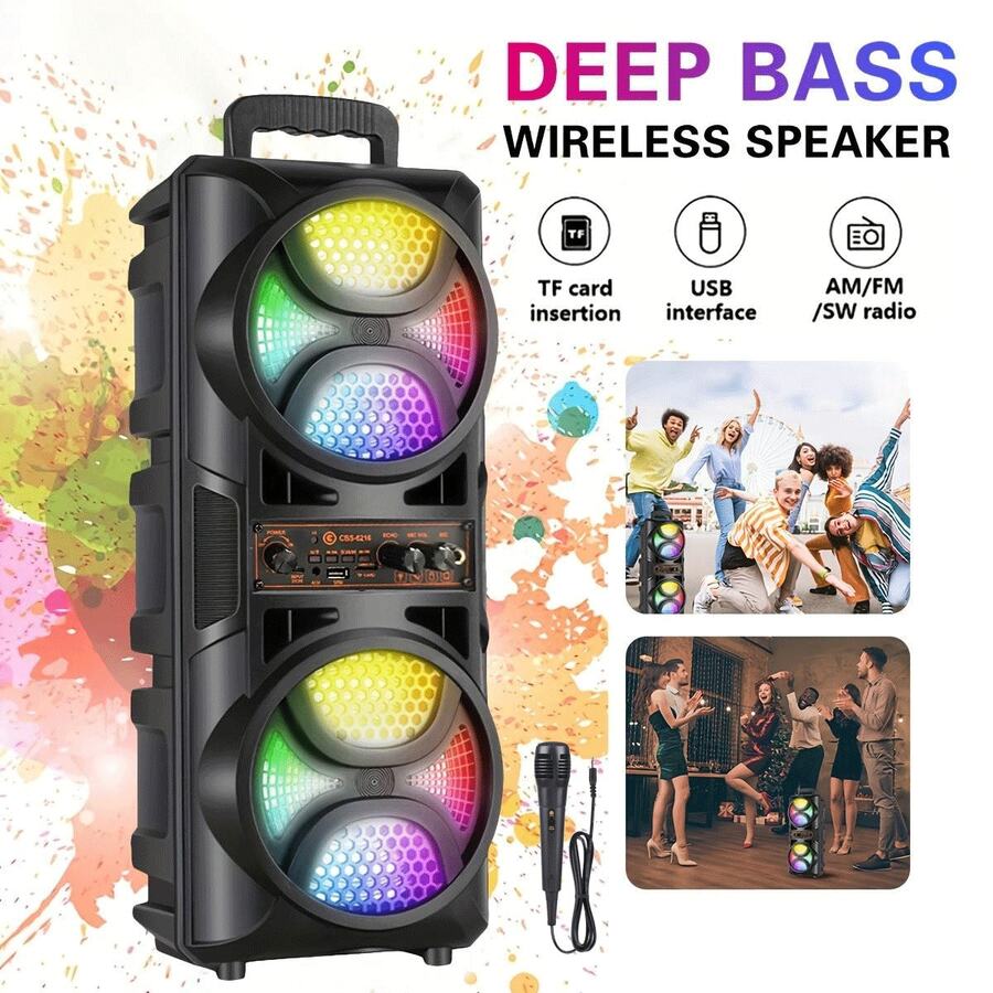 Giochem Portable Wireless Speaker With Colorful Lights Sound Amplification Subwoofer, Dual 6.5-Inch Speakers Support USB, AUX Input, FM/TWS, Memory Card Slot, LED Light - Suitable For Indoor Dance, Outdoor Camping, Square Dance, Indoor Karaoke, Family Party, Camping Sound System | Modern Speaker System - màu đen - Xem 1