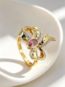 Women's Gold Plated Pink Cubic Zirconia Bow Ring, Dainty Bowknot Promise Ring, Stackable Jewelry For Daily & Dating - Gold - View 3