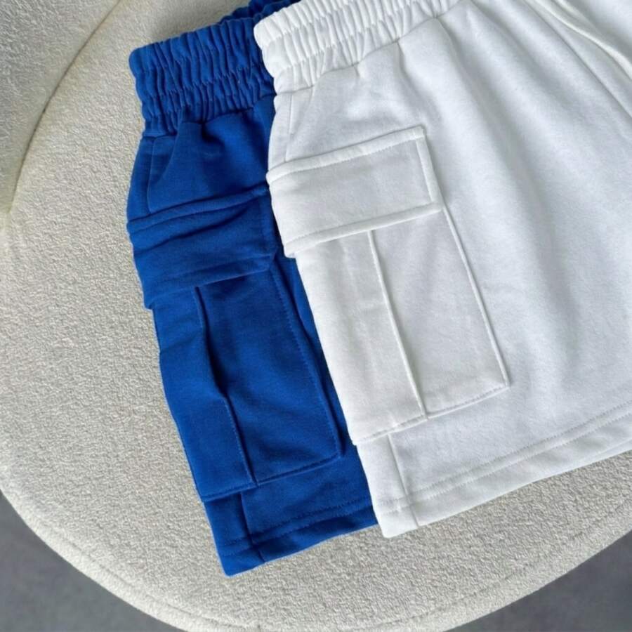 Kit Of 2 Women's Cargo Shorts, Lightweight Fleece Shorts, Loose Fit, Comfortable Cotton - 白色/寶藍色 - 查看 1