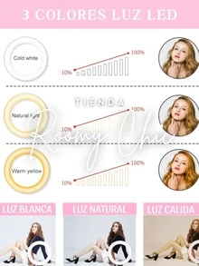 ROOMY CHIC Aro De Luz Led 26 Cm Cámara De Luz De Anillo Led De 10 Pulgadas Gran Luz De Anillo Con Tripie 2.10 Metros De Alto Portátil Para Estudio De Video De Maquillaje Para Fotos Profesionales Selfie Aro Para Selfies Lámpara Aro Para Celular Aro De Luz Led 10 Pulgadas 3 Tonos Luz Blanca, Luz Cálida Y Luz Natural Intensidad de Luz Regulable Rotación 360º Inclinación 180º Con Soporte Universal Para Celular Móviles & Accesorios Fotografía y accesorios para teléfonos móviles Flashes Externos para Móviles y Luces para Selfies - ARO 10 PULGADAS - Ver 2