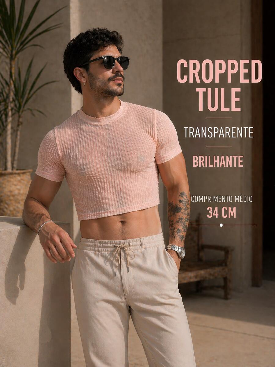 Cropped Tule TRANSPARENTE Curtinha com golinha/blusa CURTA/roupa de festa BALADA/look festival/parada orgulho pride day gay lgbt/carnaval/traje fantasia cosplay/micareta/lollapalooza/the town/rock in rio/queernejo/Studio40 Go West Experience - Rosa - Visão 1