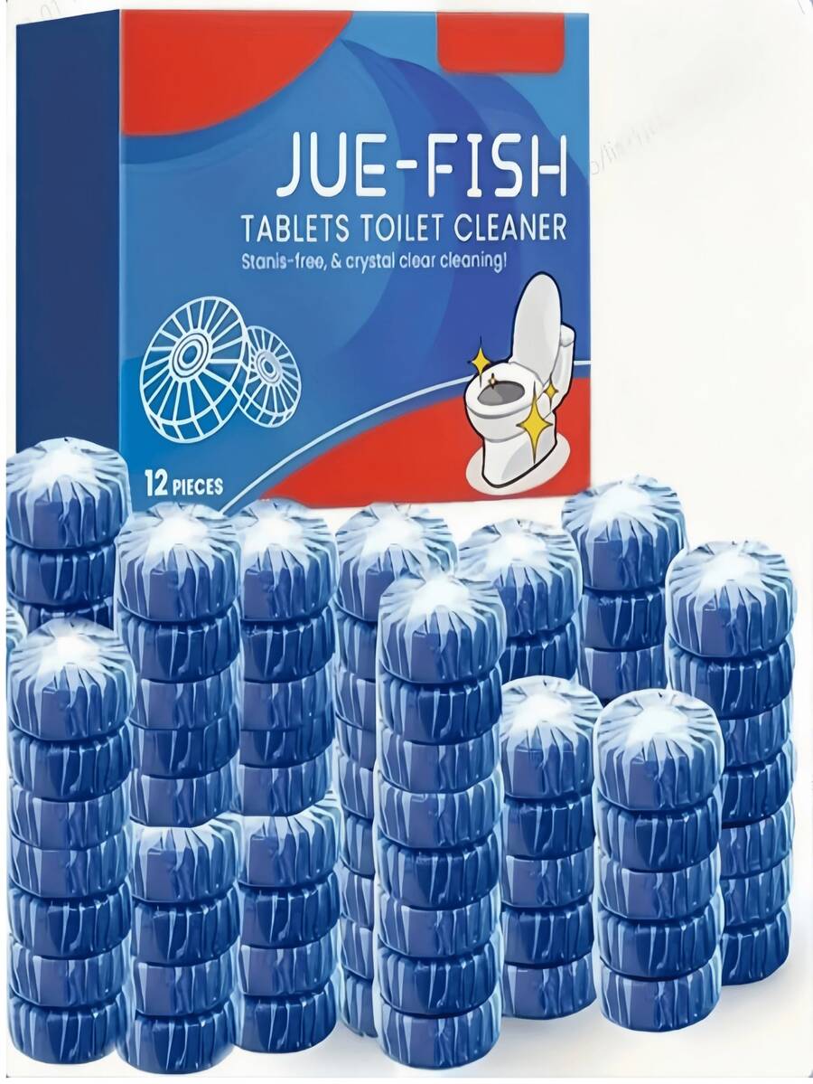 JUE FISH 爵鱼牌马桶清洁片/泡腾片，强力清洁、除臭、去油污、清新马桶——适用于马桶除臭、清洁和浴室消毒！取一片清洁片放入马桶水箱，清洁剂会缓慢溶解于水中，每次冲水时都能清洁马桶。也适用于清洁家用马桶，去除水垢、除臭和污渍。