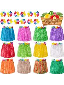 5 Stücke/Set Hawaii Hula Rock Outfit, inklusive 1 Stück tropischer Hawaii Grasrock, 2 Stücke Armbänder, 2 Stücke Blumenkränze, Hibiskus Blume Geburtstags Tropen Party Dekoration, Hawaii Grasrock Sommer Strand Urlaubsoutfit, Hawaii Party Geschenk kreative Präsent Party Dekoration - A - Übersicht 4