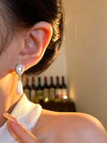 1 Đôi bông tai ngọc trai giả hình giọt nước chất lượng cao dành cho cô dâu, trang sức cưới cho phù dâu. - Bạc - Xem 3