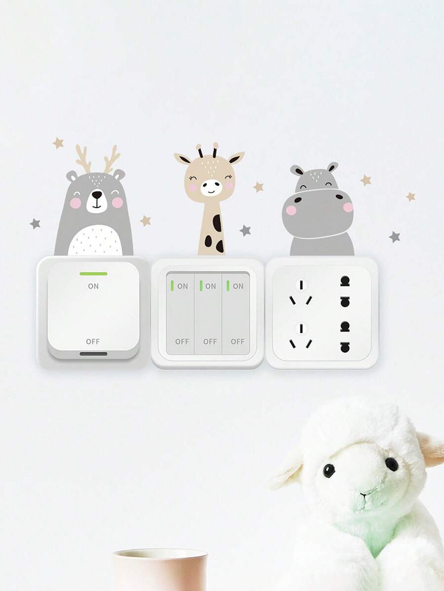 Set de 6 pegatinas de interruptor con caras sonrientes de animales de dibujos animados, decoración para la habitación de los niños - Multicolor - Ver 1