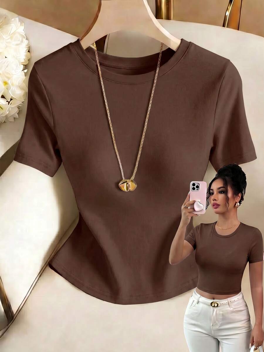 Women's Fitted Short Sleeve Round Neck T-Shirt, Soft And Comfortable Fabric, Machine Washable, Summer Cropped Top - Brown - View 1