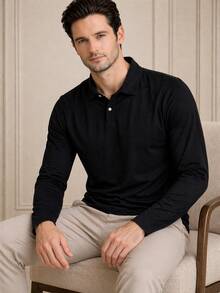 Men's Basic Plain Long-Sleeve Polo Shirt - 黑色 - 查看 3