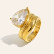 VKHK 1pc 18K Gold Plated Stainless Steel Large Water Drop Zirconia Decorated Ring, Suitable For Women, Couples, Daily Wear And Wedding, Gift - Diamond Ring - View 8