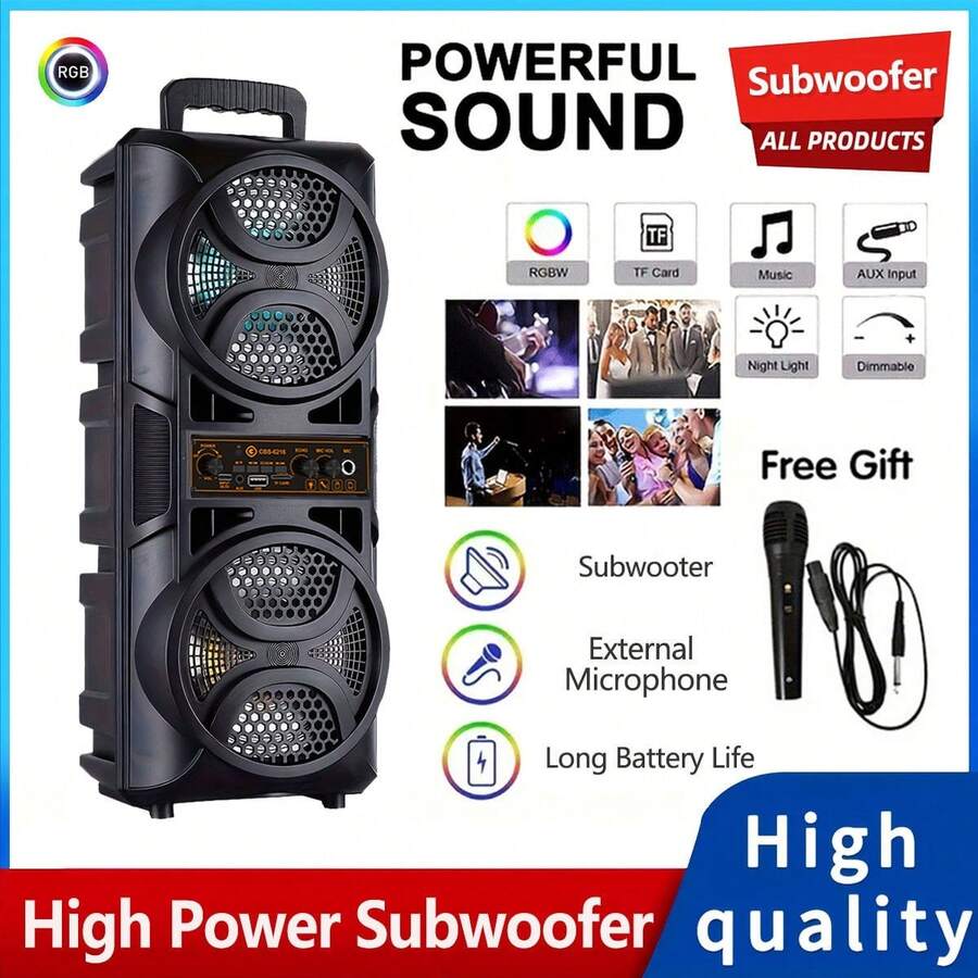 Portable Wireless Speaker With Colorful Lights Sound Amplification Subwoofer, Dual 6.5-Inch Speakers Support USB, AUX Input, FM/TWS, Memory Card Slot, LED Light - Suitable For Indoor Dance, Outdoor Camping, Square Dance, Indoor Karaoke, Family Party, Camping Sound System | Modern Speaker System - Black/Bass Boost - View 1