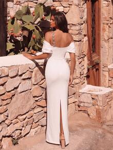 Solid Color Oblique Shoulder Rhinestone Chain Dignified Bandage Fitted Elegant Evening Gown Spring Wedding Party White - White - View 4