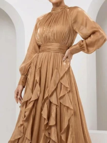 Long Satin Chiffon Party Dress With Long Puff Sleeves - Beige - View 2