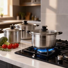 10 Piezas Batería de Cocina grandes de Acero Inoxidable de , Olla con tapa y doble asa, apta para todo tipo de cocinas: inducción, gas, vitrocerámica y halógena. - Ver 9