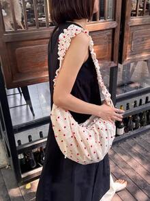 Baitiya “浆果涟漪花朵”荷叶边花卉波点抽绳拉链斜挎帆布包 - 白色 - 查看 8