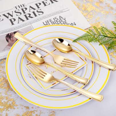 Gold Cutlery Set, Salad Fork, Dessert Spoon, Party Platter, Suitable For Cake, Dessert, Salad, Burger, Pasta, Sandwich, Appetizer, For Birthday Party, Wedding, Easter, Graduation Party, Birthday, Holiday Gathering, Thanksgiving, Mother's Day, Christmas, Mother's Day Gift, Outdoor Garden Dining