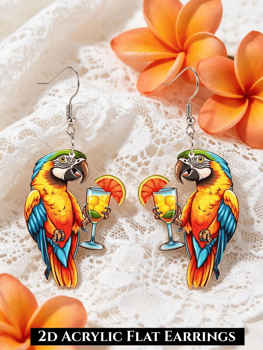 2D Tropical Parrot Acrylic Drop Earrings, Double-Sided Printed, Hawaiian Cocktail Glass Design, Summer Bird Drop, Beach Party Earrings - Yellow Parrot Juice - View 1