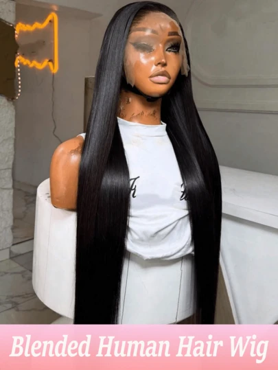 8-36英寸 13x4 高清蕾丝前混合巴西发假发，即戴即用，无需胶水，预先拔毛，带婴儿发，200密度，透明骨直蕾丝前假发，女士自然黑 1B# 13X4；蕾丝前假发