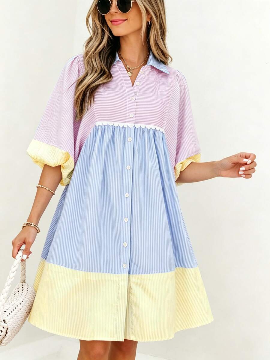 Women's Spring/Summer New Elegant Fashion Sweet Colorful Striped Contrast Patchwork Ruffle Design Fresh Button-Front Short Sleeve Lantern Sleeve Shirt Dress, Versatile Stylish Graceful, Suitable For Vacation, Casual Daily Wear, All Seasons - Multicolor - View 1