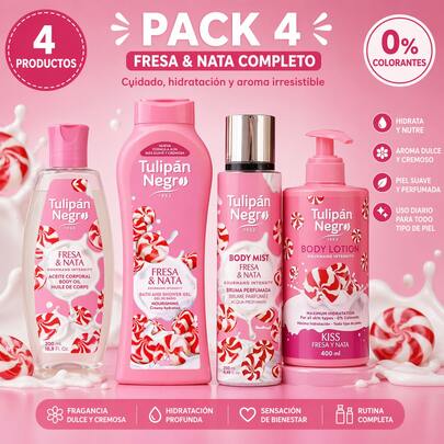  Pack Fresa & Nata Tulipán Negro (4 uds) – Gel + Body Lotion + Body Mist + Aceite Corporal | Hidratación y Aroma Dulce | Set Completo Regalo