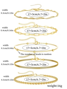 5pcs Stainless Steel Bracelet Set, Fashion Minimalist Paperclip Chain, Bead Chain, Wave Chain, Blade Chain, Twist Chain Bracelets, Luxury Niche Personalized Chain Accessories Suitable For Girls And Women (Bead Quantity Random) - Gold - View 5