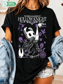 Hollow Knight Cotton T-Shirt, Hollow Knight Character Design, Unisex Casual Top For Gamers - 黑色 - 查看 1