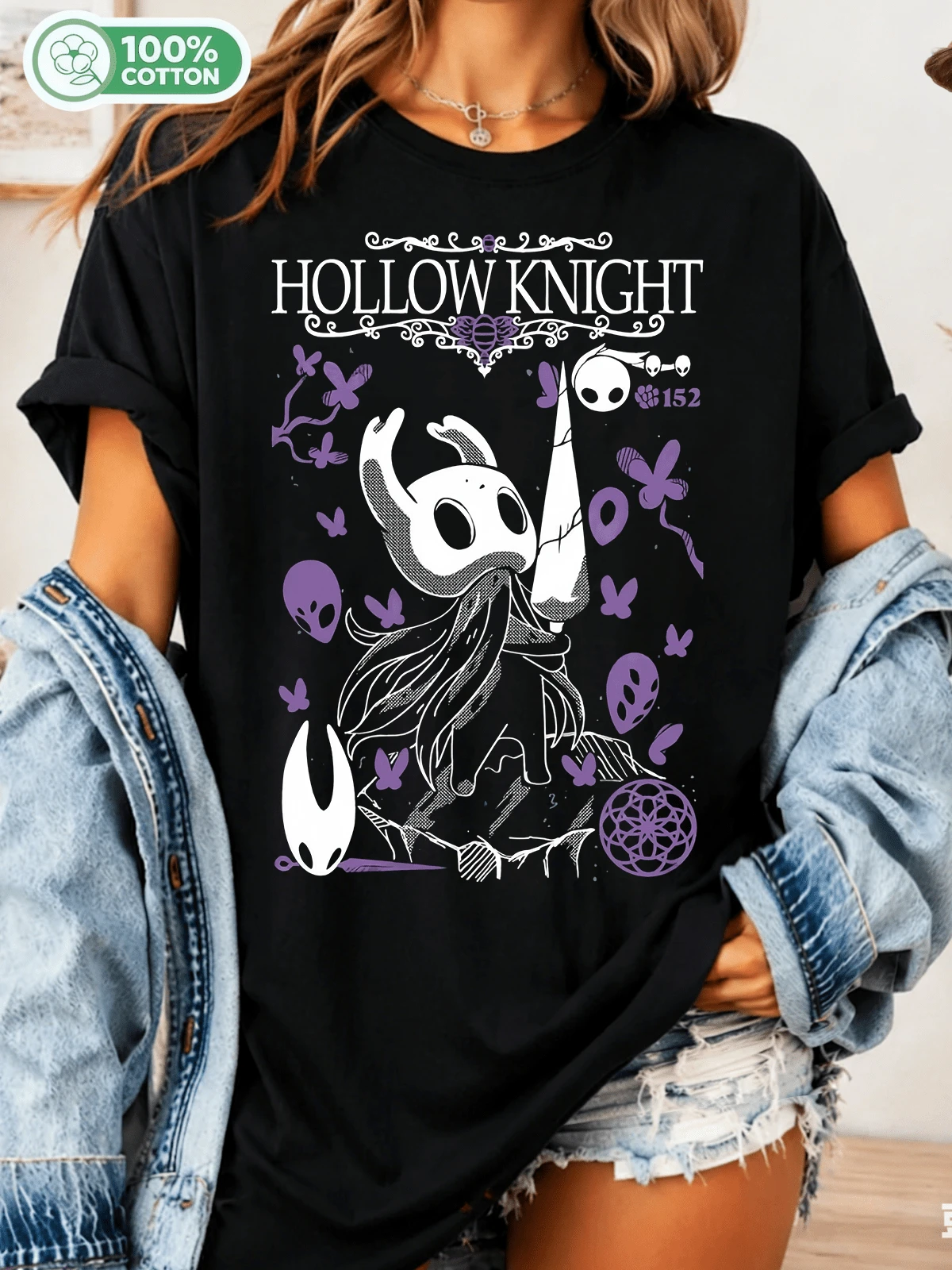 Hollow Knight Cotton T-Shirt, Hollow Knight Character Design, Unisex Casual Top For Gamers - 黑色 - 查看 1