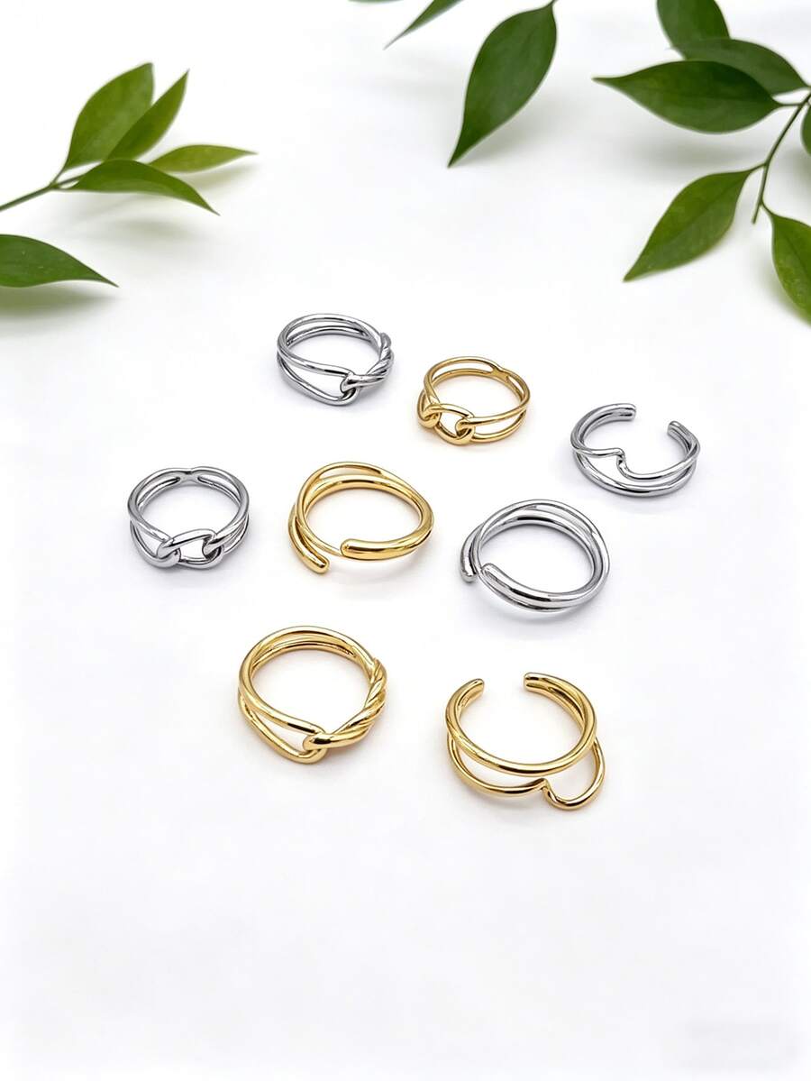 1pc Casual Minimalist 316 Stainless Steel Gold-Plated Asymmetrical Geometric Knot Line Open Ring, Men's Couple Party Accessory - Gold - View 1
