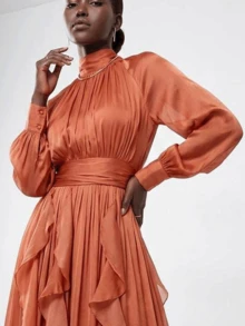 Long Satin Chiffon Party Dress With Long Puff Sleeves - 亮橙色 - 查看 2