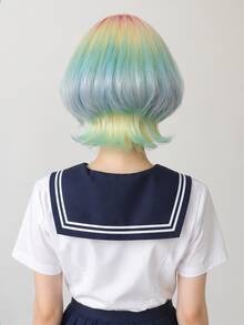 14吋女用假髮，Cosplay假髮，短彩虹色波波頭附瀏海，玫瑰網帽；適合日常穿著與節慶場合 - 漸層 - 查看 4