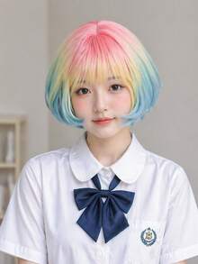 14吋女用假髮，Cosplay假髮，短彩虹色波波頭附瀏海，玫瑰網帽；適合日常穿著與節慶場合 - 漸層 - 查看 1