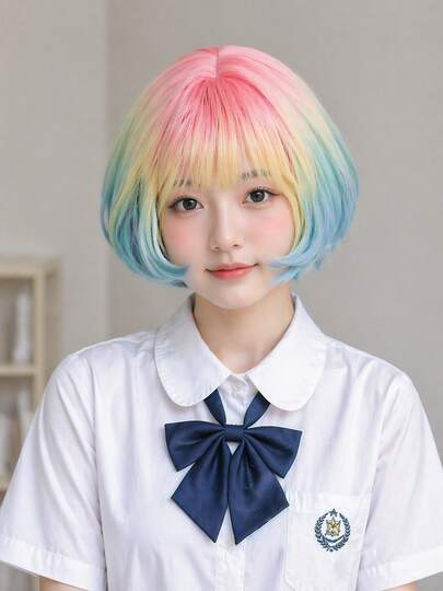 14-Inch - Women's Short Bob Wig, COS Wig, Rainbow-Colored Short Hair With Bangs, Textured Matte High-Temperature Silk, Rose Mesh, Suitable For Everyday Wear As Well As Parties, Dances And Various Events.
