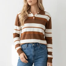 Women's Striped Modal Blouse With Knitted Polo Shirt - 駝色 - 查看 1