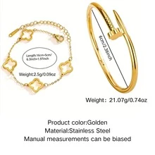 1pc Classic Nail Bangle/Single/Stacked Minimalist Delicate Four-Leaf Clover Thin Chain Bracelet, Adjustable Length Stainless Steel Jewelry Set, Suitable For Women's Daily Outfit, Party, Commute, Birthday Gift For Friends - Yellow Gold - View 2