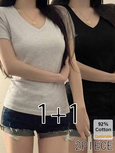 2件/組 夏季新款花卉灰色+黑色V領短袖T恤，修身純色女款休閒內搭上衣