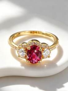 Charm-In 18K Gold Plated Ruby Red CZ Three Stone Ring, Halo CZ Statement Ring, Elegant Promise Jewelry For Women, Daily & Party Wear - Gold - View 2