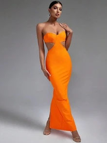 Vestido largo de noche sexy con escote strapless y diseño calado de un solo color - Naranja - Ver 4