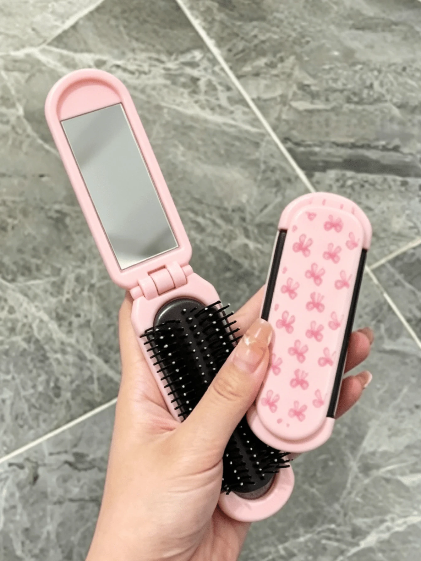 1pc Foldable Mini Portable Hair Brush With Makeup Mirror, Smooth Detangling Hair Styling Tool, Suitable For Travel, Daily Use, Mother's Day, Father's Day, Graduation Gift