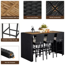 Butterslay 7-Piece Outdoor PE Rattan Patio Bar Set With Acacia Wood Table, Cushions & Rain Cover, Modern Garden Furniture Set For Poolside Backyard Balcony & Outdoor Dining, Brown - Black - View 3