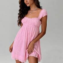 Cute  Casual    Lace    Backless  Ruffle    Y2k Summer Babydoll Dress  Beach  Travel  Daily  Dating  Vacation    Summer Sundress - 粉色 - 查看 10