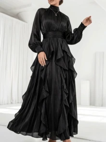 Long Satin Chiffon Party Dress With Long Puff Sleeves - màu đen - Xem 1