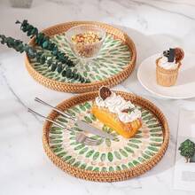 1pc Pearl Shell Inlaid Wooden Base Woven Rattan Decorative Tray, Not For Food Contact, Home Decor - Yellow - View 2