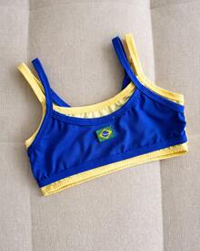 Double Strappy Cropped Top With Brazil Embroidery, 2 In 1, Women's, Beach, Holiday, Sports And Fitness, Vacation, World Cup - 藍色 - 查看 7