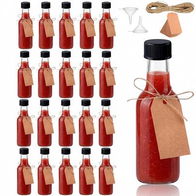 Bộ 3/23 chai rượu mini 0.85oz/1.7oz, chai nhựa đựng đồ uống rỗng, có nhãn và nắp, chống rò rỉ, thích hợp để đựng nước ép, cà phê, siro, mật ong và nước. Hoàn hảo cho đám cưới, cắm trại, dã ngoại, bộ sưu tập mùa xuân, bãi biển, kỳ nghỉ và các hoạt động thủ công.