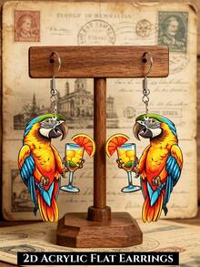 2D Tropical Parrot Acrylic Drop Earrings, Double-Sided Printed, Hawaiian Cocktail Glass Design, Summer Bird Drop, Beach Party Earrings - Yellow Parrot Juice - View 7